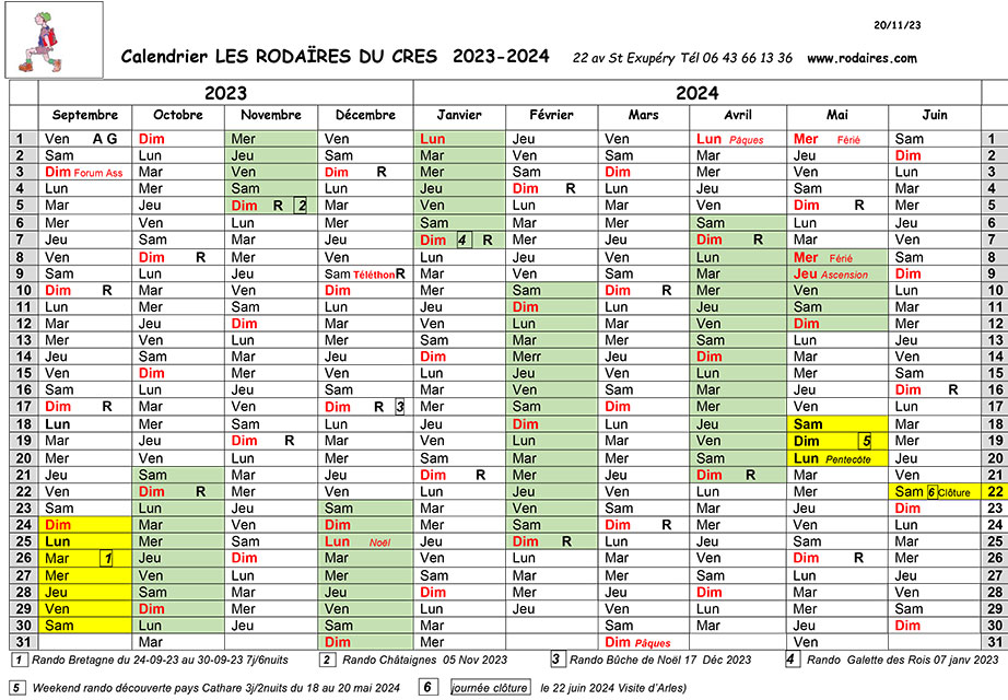 calendrier rodaires 2023-2024