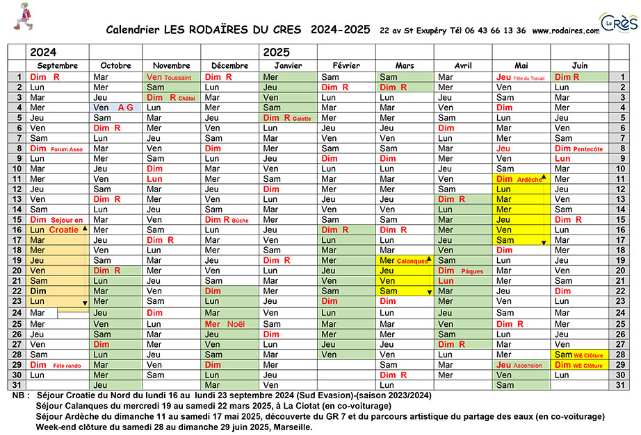 calendrier rodaires 2024-2025